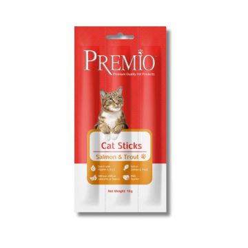 Premio Sticks פרמיו סטיקס חטיף בשר רך לחתולים בטעם סלמון ופורל  15 גרם