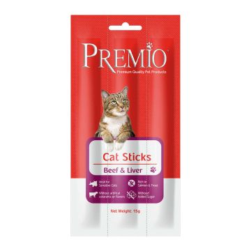 Premio Sticks פרמיו סטיקס חטיף בשר רך לחתולים בטעם בקר וכבד  15 גרם