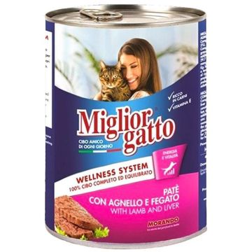 Miglior Gatto מיגליאור גאטו 400 גר' מזון מזון רטוב (שימורים) לחתולים בוגרים בטעם מרקם פטה כבש וכבד (מרקם פטה)