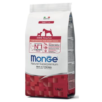 MONGE מונג 1.5 ק"ג מזון יבש לכלבים גורים/כלבות מניקות מגזע קטן בטעם עוף (מיני סטרטר)