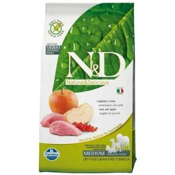 N&D אן די 12 ק"ג מזון יבש ללא דגנים לכלבים בוגרים בטעם חזיר בר ותפוח