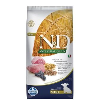 N&D אן די 7 ק"ג מזון יבש מופחת דגנים לכלבים גורים כבש ואוכמניות (מיני)