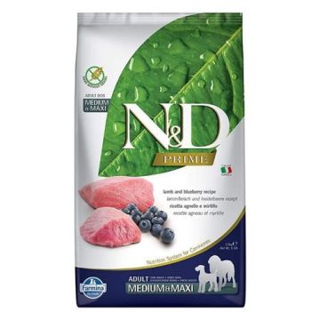 N&D אן די 12 ק"ג מזון יבש ללא דגנים  לכלבים בוגרים מגזע בינוני בטעם כבש ואוכמניות