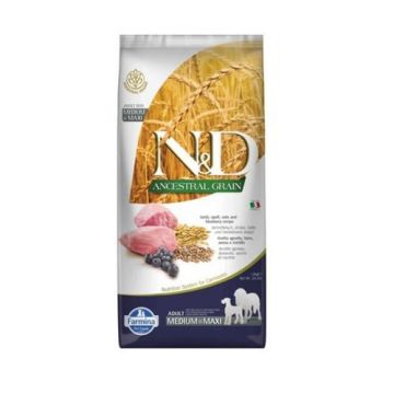 N&D אן די 12 ק"ג מזון יבש מופחת דגנים לכלבים בוגרים בטעם כבש ואוכמניות